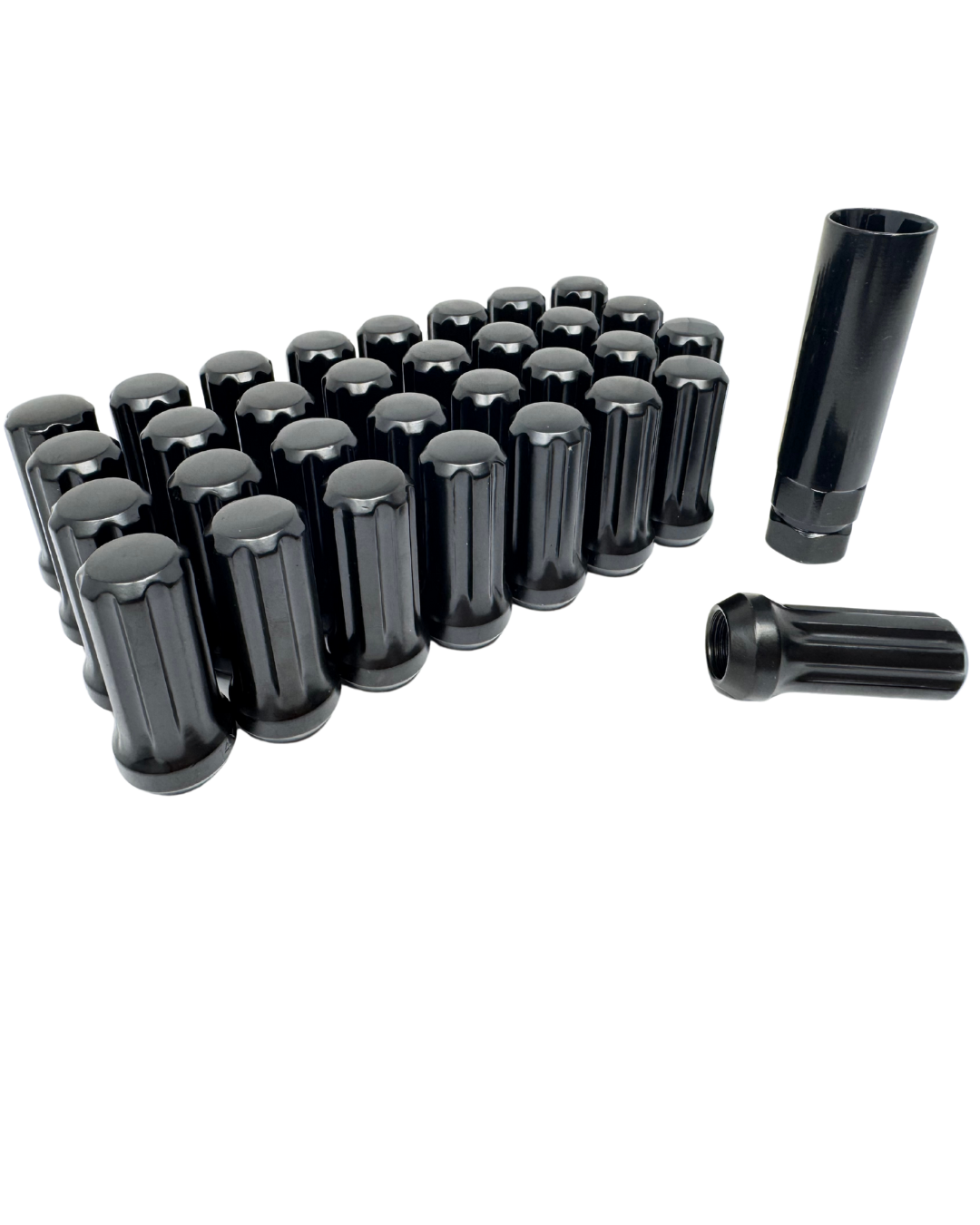 Black Spline 14x1.5 Lug Nuts With Security Key | Heavy Duty Lug Nut, Conical / Taper / Cone Seat , Set Of 40, 32, 24, 20, 16 Or Master Case Of 300 Wholesale Direct Lugs