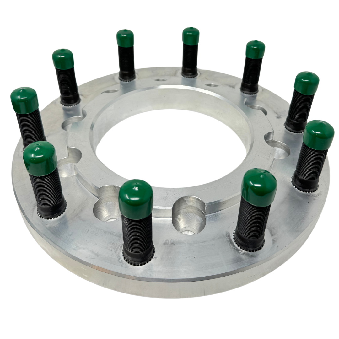 10x225 to 10x285 Hub Centric Wheel Adapter Kit 1" inch For 2005+ Ford F-450, F-550 & 2012+ Ram 4500, 5500 To 10x285.75 Semi Alcoa Wheels 22.5/24.5 | 170.1mm Bore to 220mm Centering Lip | 22x1.5 Studs & 14x1.5 Lug Nuts Included |