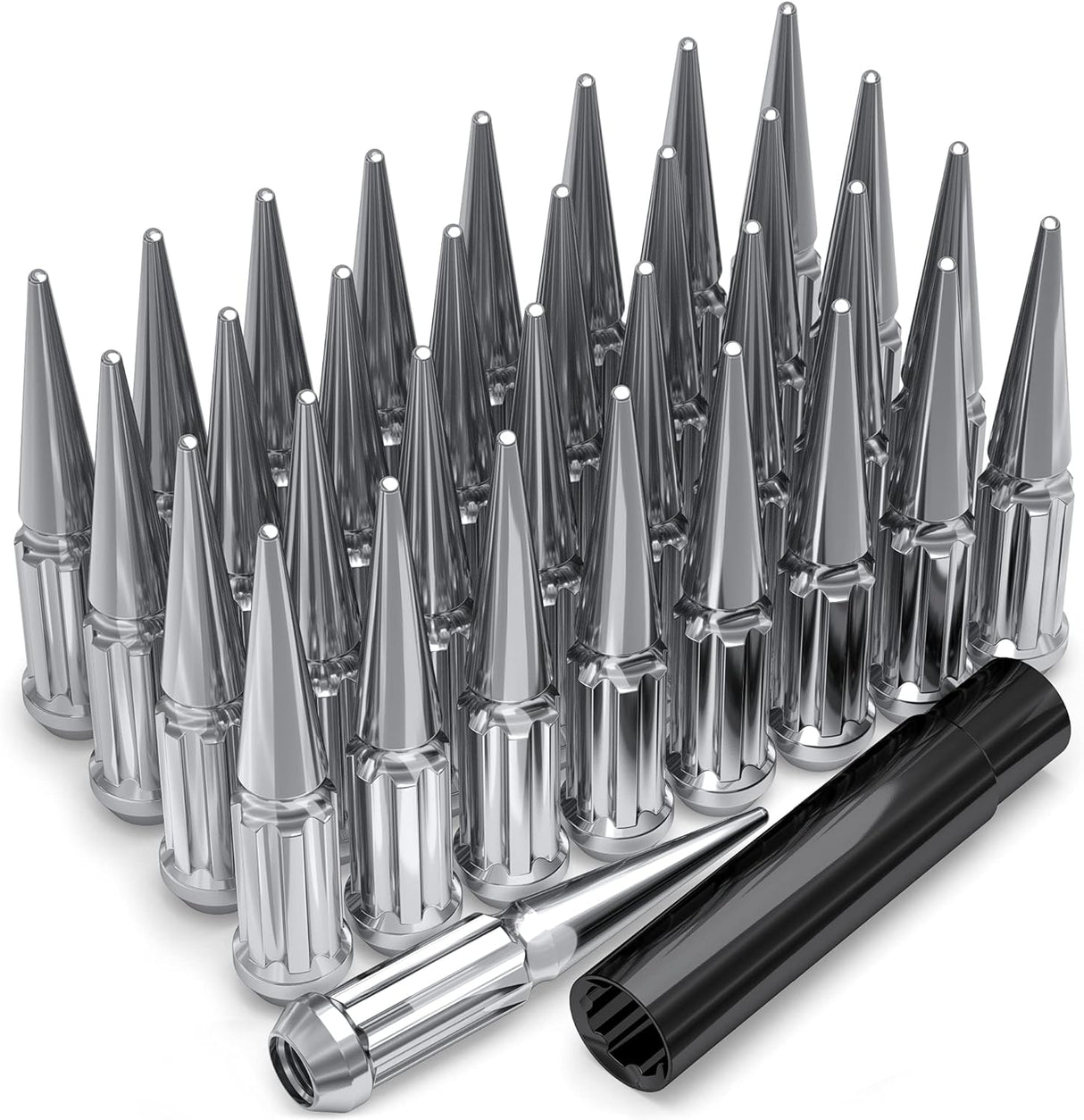 16 Spline Spike Lug Nuts 12x1.5 Thread. Fits Aftermarket Wheels 4.5" Inch Tall In Chrome, Black, Red, Blue