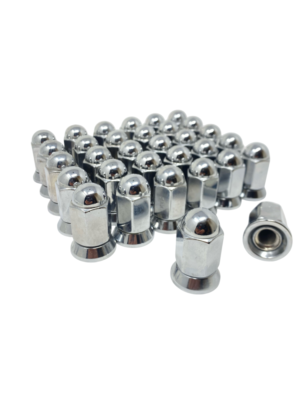9/16-18 Or 14x1.5 Dually Alcoa Lug Nuts With Attached Swivel Washer Fits OEM Or Aftermarket Wheels 2.2" Inch Tall In Triple Plated Chrome Will Work On Dodge, Ford, Chevy, GMC, Lincoln Trucks That Use Flat Face Seat Lug Nuts