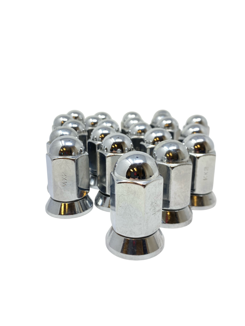 9/16-18 Or 14x1.5 Dually Alcoa Lug Nuts With Attached Swivel Washer Fits OEM Or Aftermarket Wheels 2.2" Inch Tall In Triple Plated Chrome Will Work On Dodge, Ford, Chevy, GMC, Lincoln Trucks That Use Flat Face Seat Lug Nuts