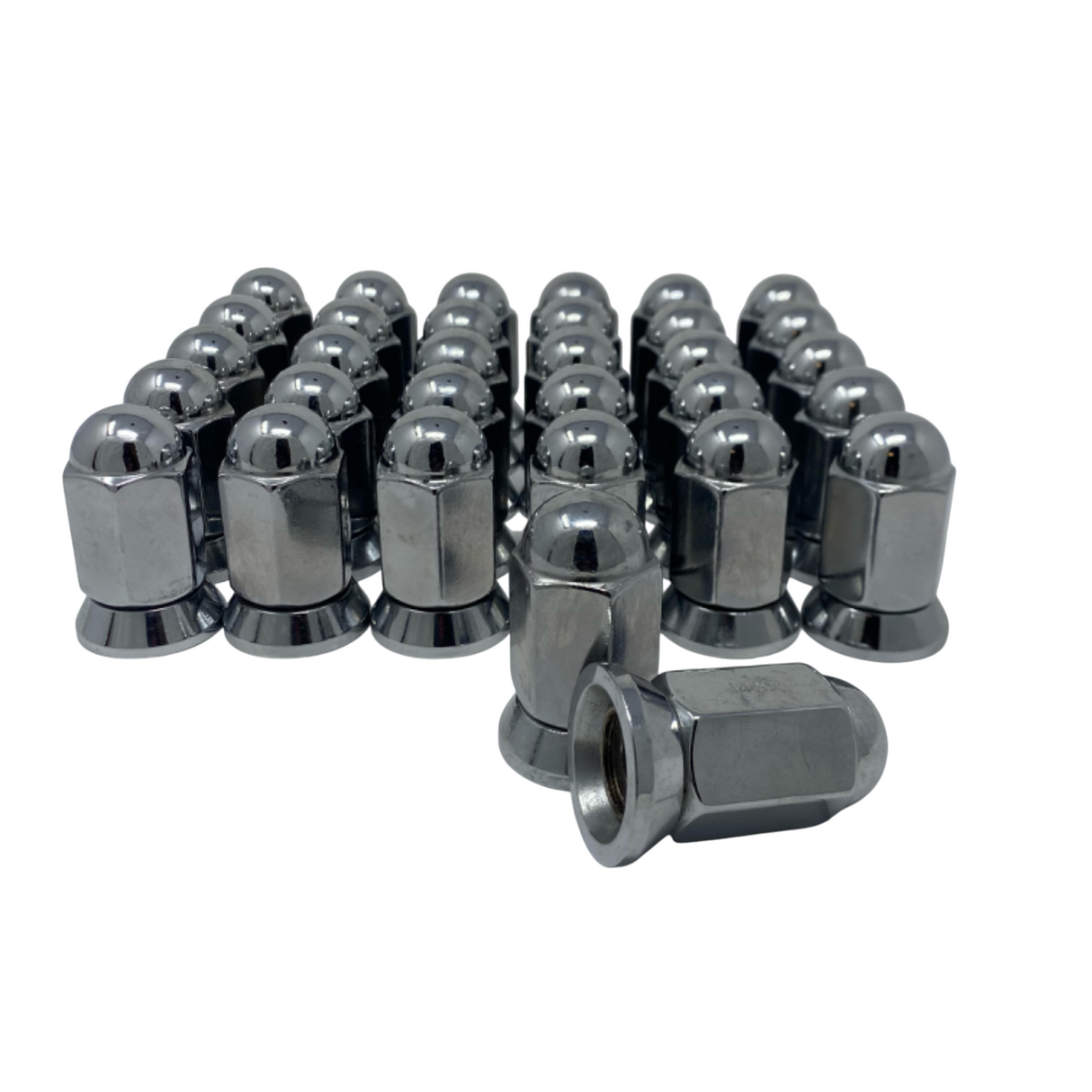 9/16-18 Or 14x1.5 Dually Alcoa Lug Nuts With Attached Swivel Washer Fits OEM Or Aftermarket Wheels 2.2" Inch Tall In Triple Plated Chrome Will Work On Dodge, Ford, Chevy, GMC, Lincoln Trucks That Use Flat Face Seat Lug Nuts