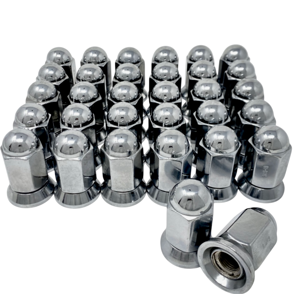 9/16-18 Or 14x1.5 Dually Alcoa Lug Nuts With Attached Swivel Washer Fits OEM Or Aftermarket Wheels 2.2" Inch Tall In Triple Plated Chrome Will Work On Dodge, Ford, Chevy, GMC, Lincoln Trucks That Use Flat Face Seat Lug Nuts