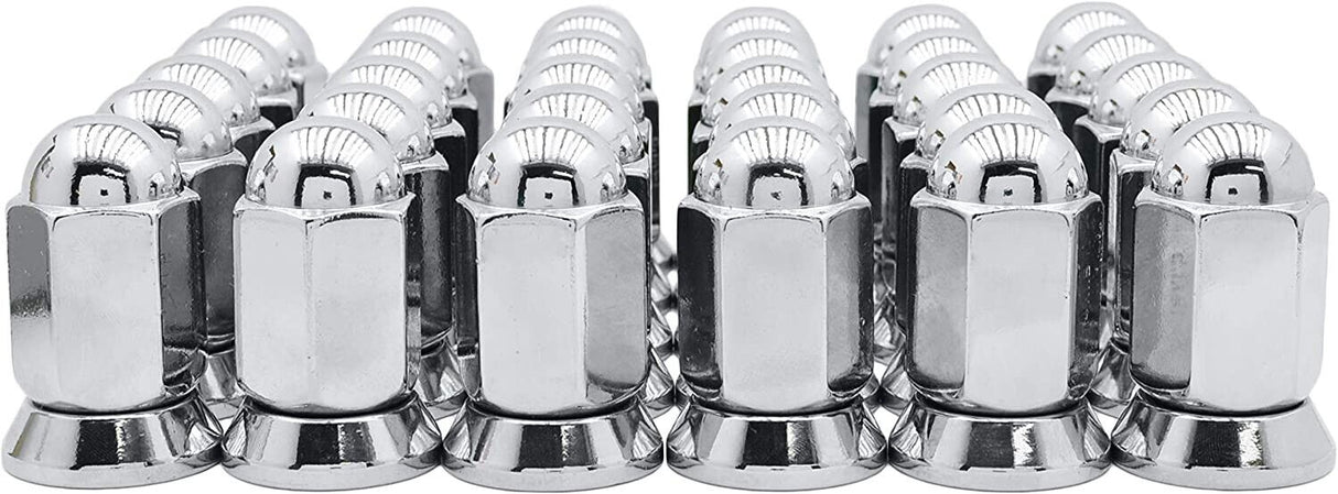 9/16-18 Or 14x1.5 Dually Alcoa Lug Nuts With Attached Swivel Washer Fits OEM Or Aftermarket Wheels 2.2" Inch Tall In Triple Plated Chrome Will Work On Dodge, Ford, Chevy, GMC, Lincoln Trucks That Use Flat Face Seat Lug Nuts