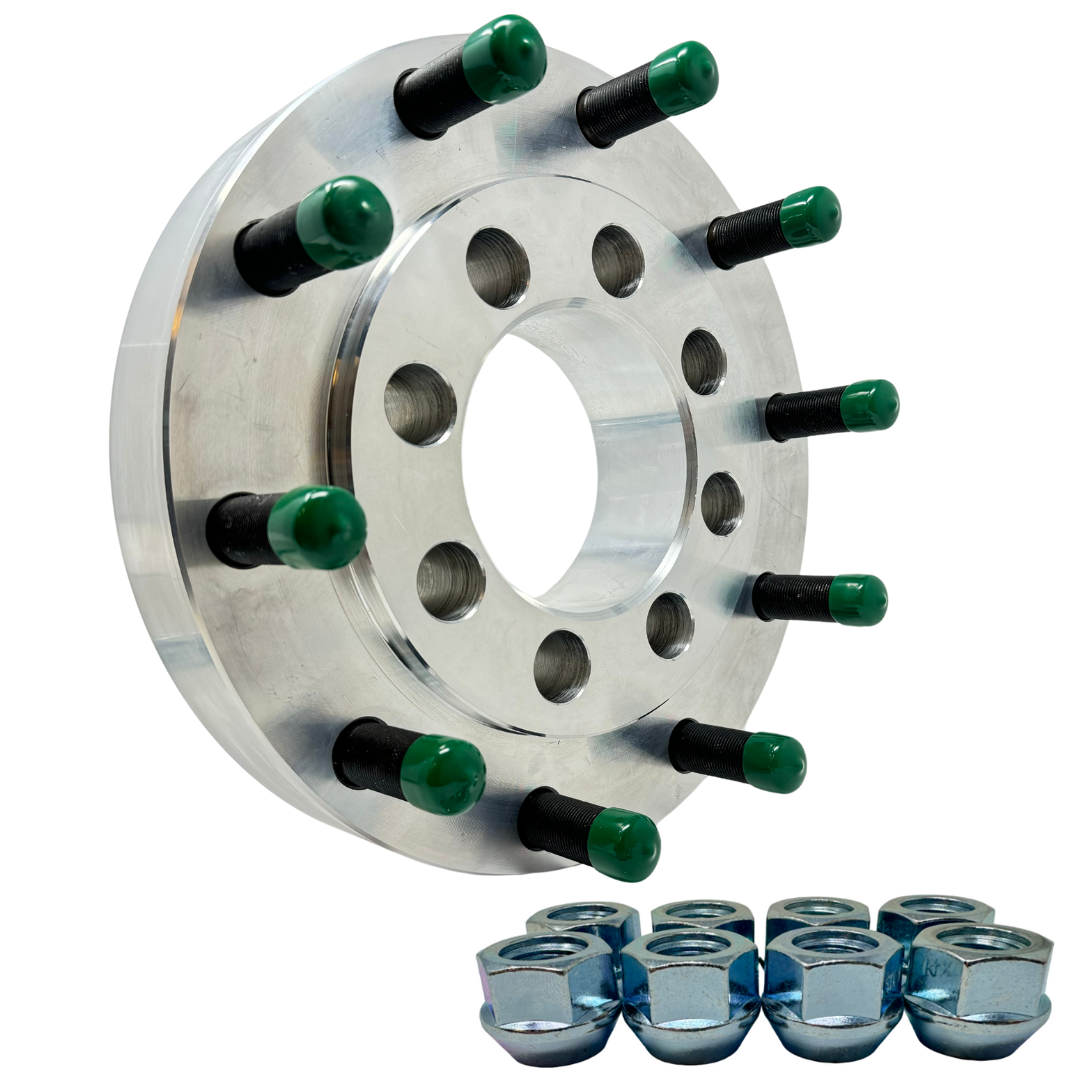 8x6.5 To 10x285 Ford Hub Centric Wheel Adapters Allow 1981-1998 Ford F-250 F-350 Trucks With 8x6.5 Bolt Pattern To Use 10x285 Semi Truck Wheels | 124mm Bore To 220mm Centering Lip | 9/16"-18 or 1/2"-20 Open End Lug Nuts Included.