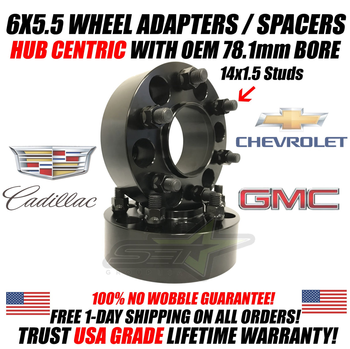 Chevy GMC Wheel Spacers 6x5.5 Hub Centric For Silverado, Sierra, Tahoe 6x139.7 | 78.1mm OEM Center bore | 14x1.5 Studs 1" Inch - 2" Inch Thicknesses Also Fits Yukon, Escalade + More