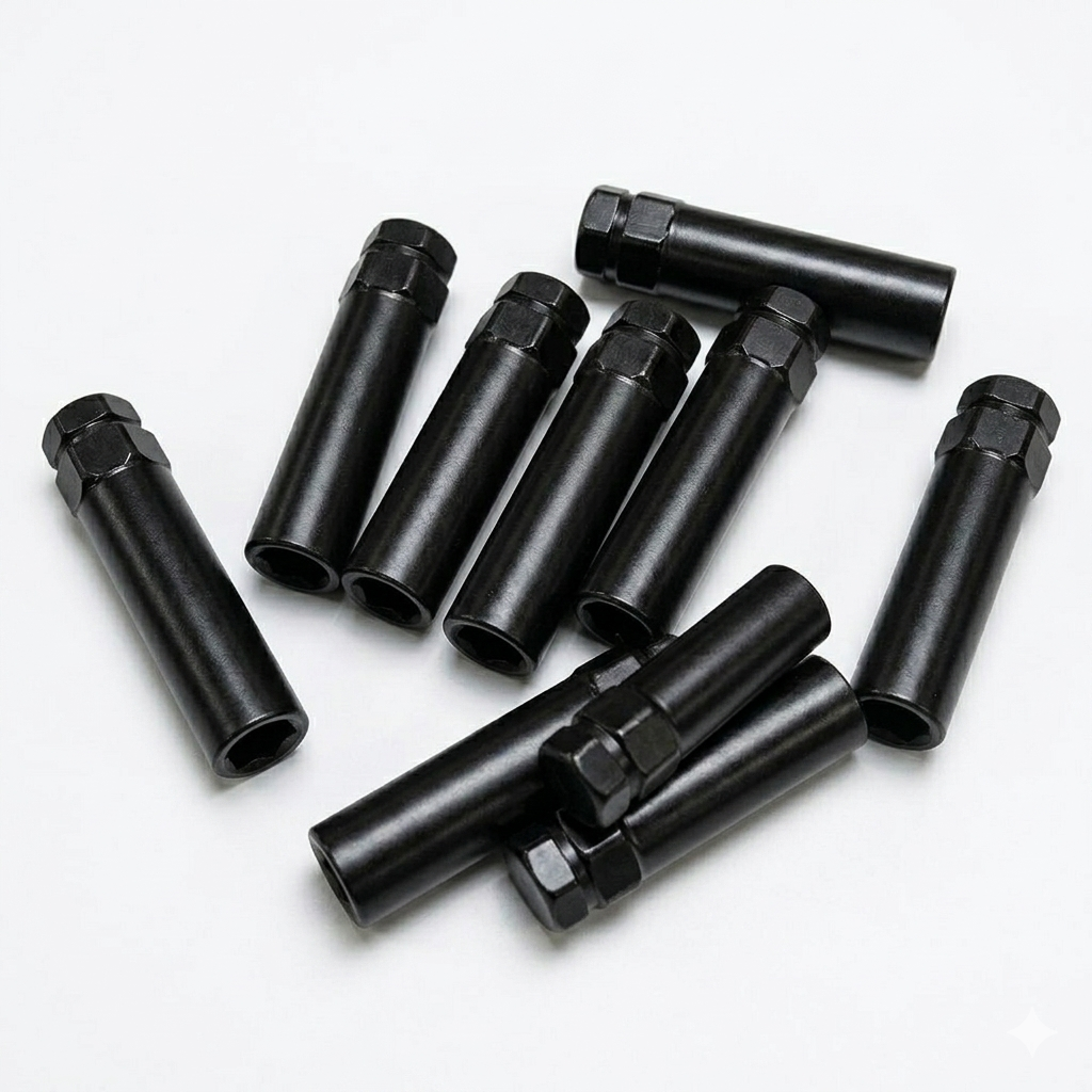 Black Spline 14x1.5 Lug Nuts With Security Key | Heavy Duty Lug Nut, Conical / Taper / Cone Seat , Set Of 40, 32, 24, 20, 16 Or Master Case Of 300 Wholesale Direct Lugs